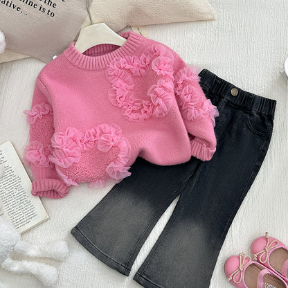 Girls’ Floral Knit Sweater & Jeans Set