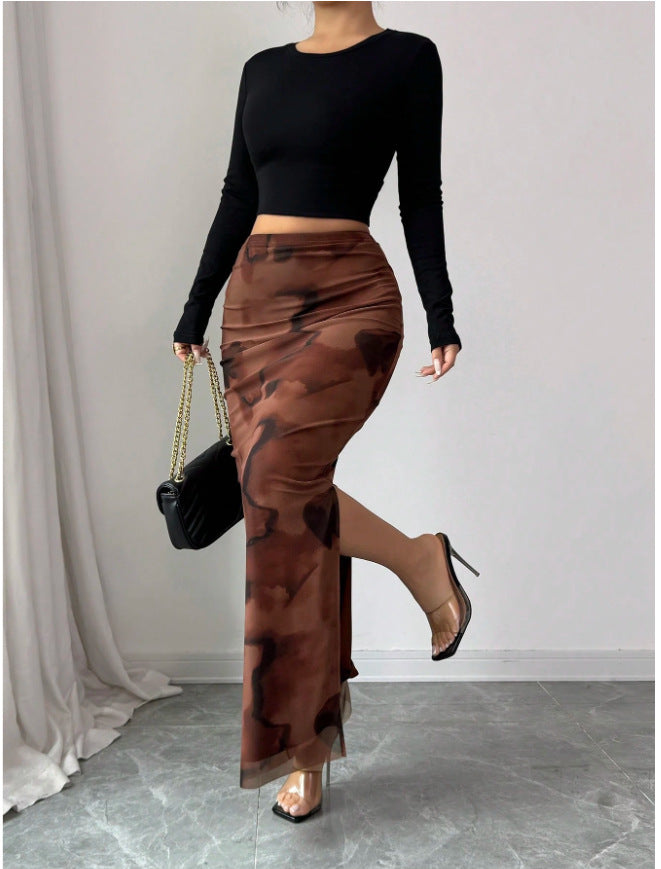 Women’s High-Waist Mesh Slit Midi Skirt