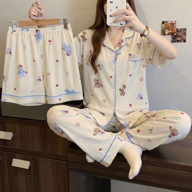 Women’s Korean Style Striped Bow 3-Piece Pajama Set