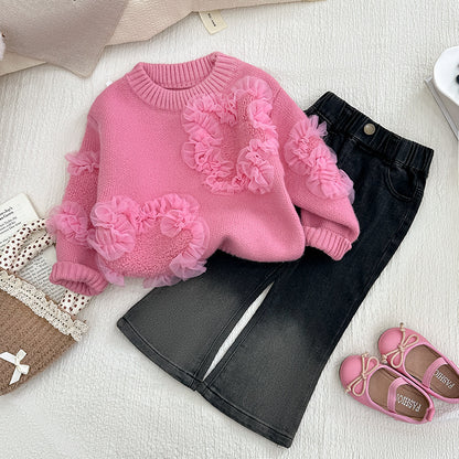 Girls’ Floral Knit Sweater & Jeans Set