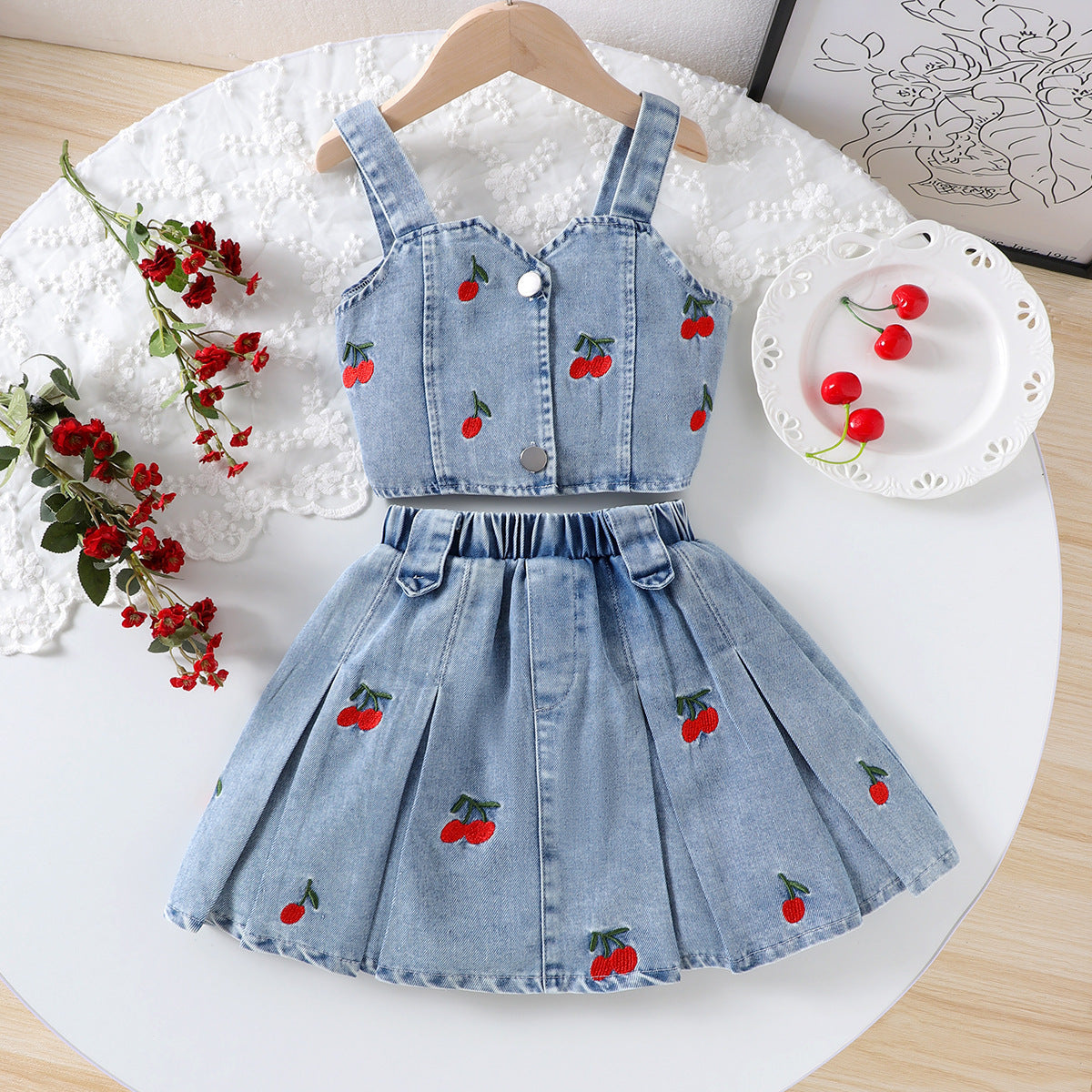 Women’s Embroidered Denim Vest & Cotton Skirt Set