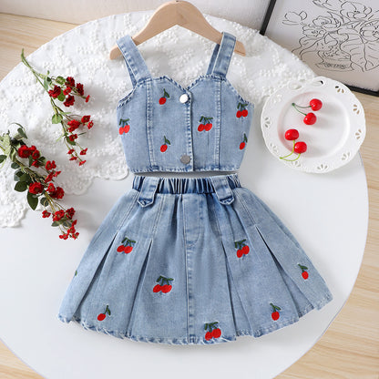 Women’s Embroidered Denim Vest & Cotton Skirt Set