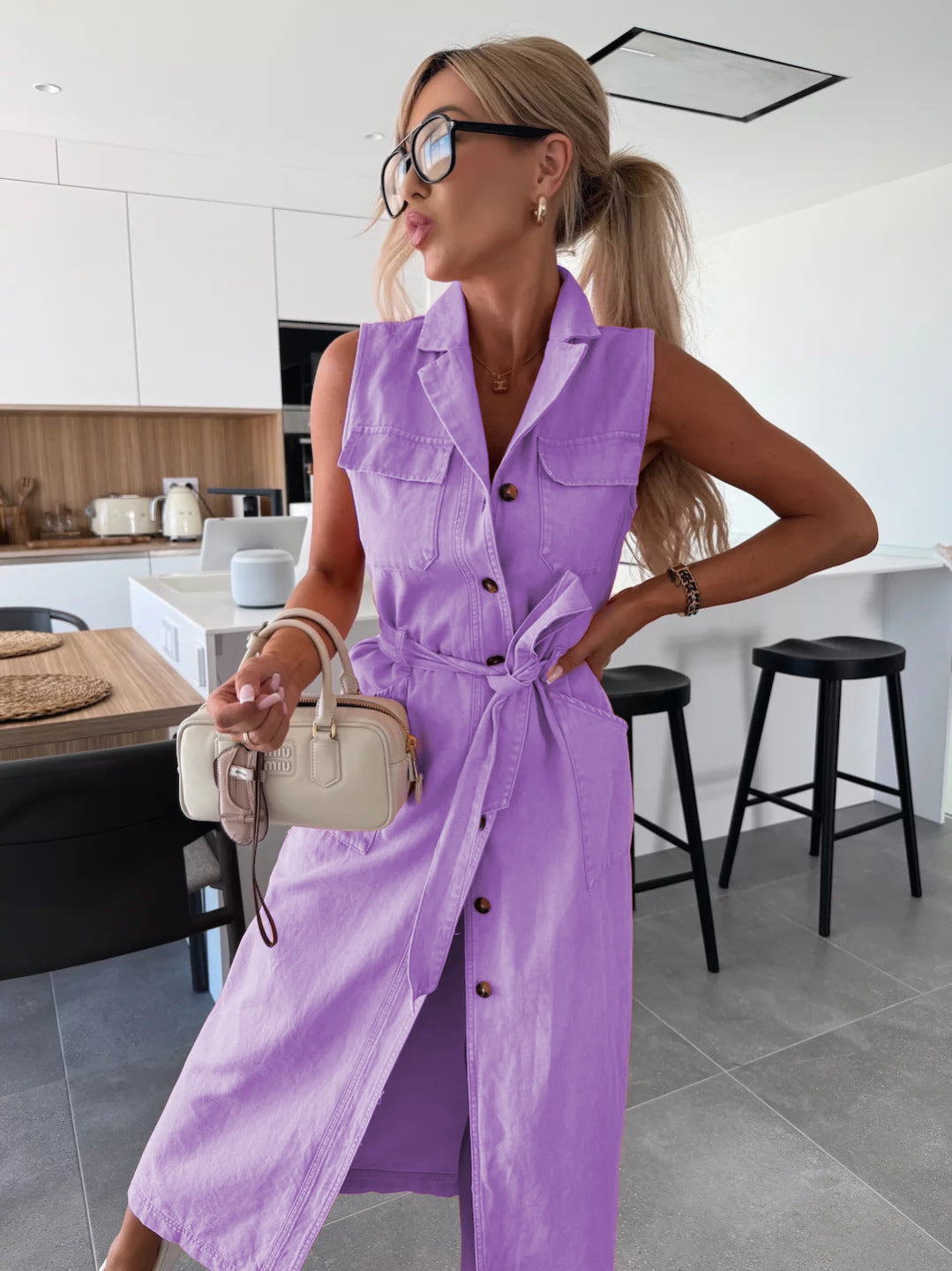 Women’s Sleeveless Lace-Up Waist Denim Dress