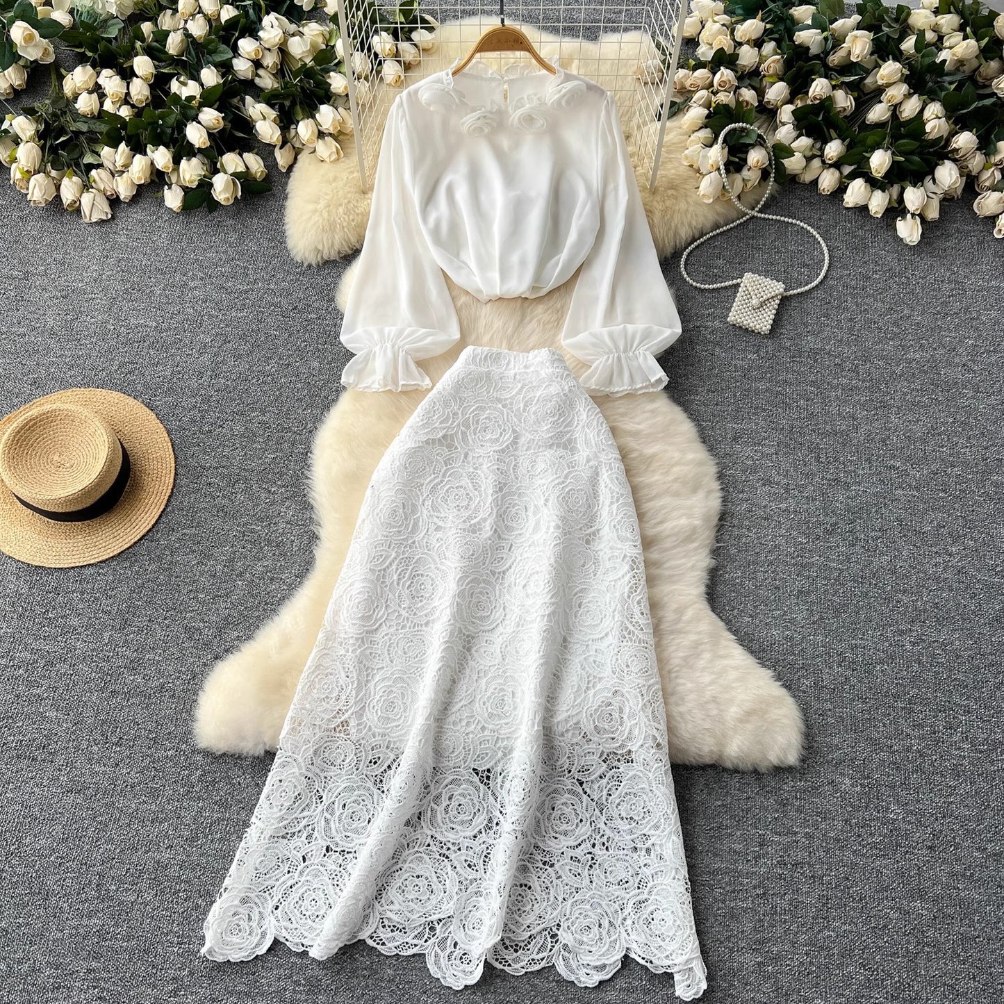 Women’s Floral Blouse & Lace Midi Skirt Set