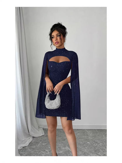 Women’s Gold-Embossed Shawl Sleeve Short Dress