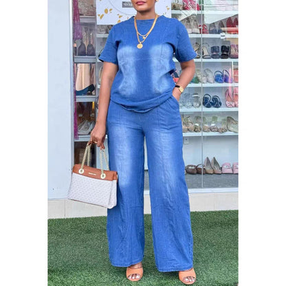 Women’s Washed Blue Denim Two-Piece Suit Set