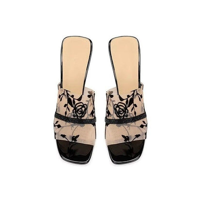 Women’s Rhinestone Lace Mesh High Heel Sandals
