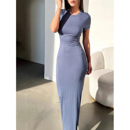 Women’s Solid Color Slim Fit Short Sleeve Midi Dress