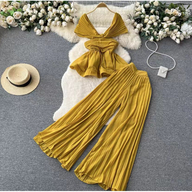 Women’s Pleated Chiffon Top & Wide-Leg Trousers Set