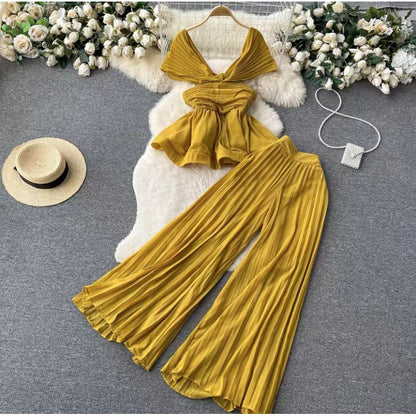 Women’s Pleated Chiffon Top & Wide-Leg Trousers Set