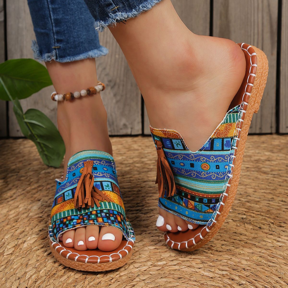 Women’s Tassel One-Strap Flat Beach Slippers