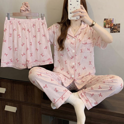 Women’s Korean Style Striped Bow 3-Piece Pajama Set