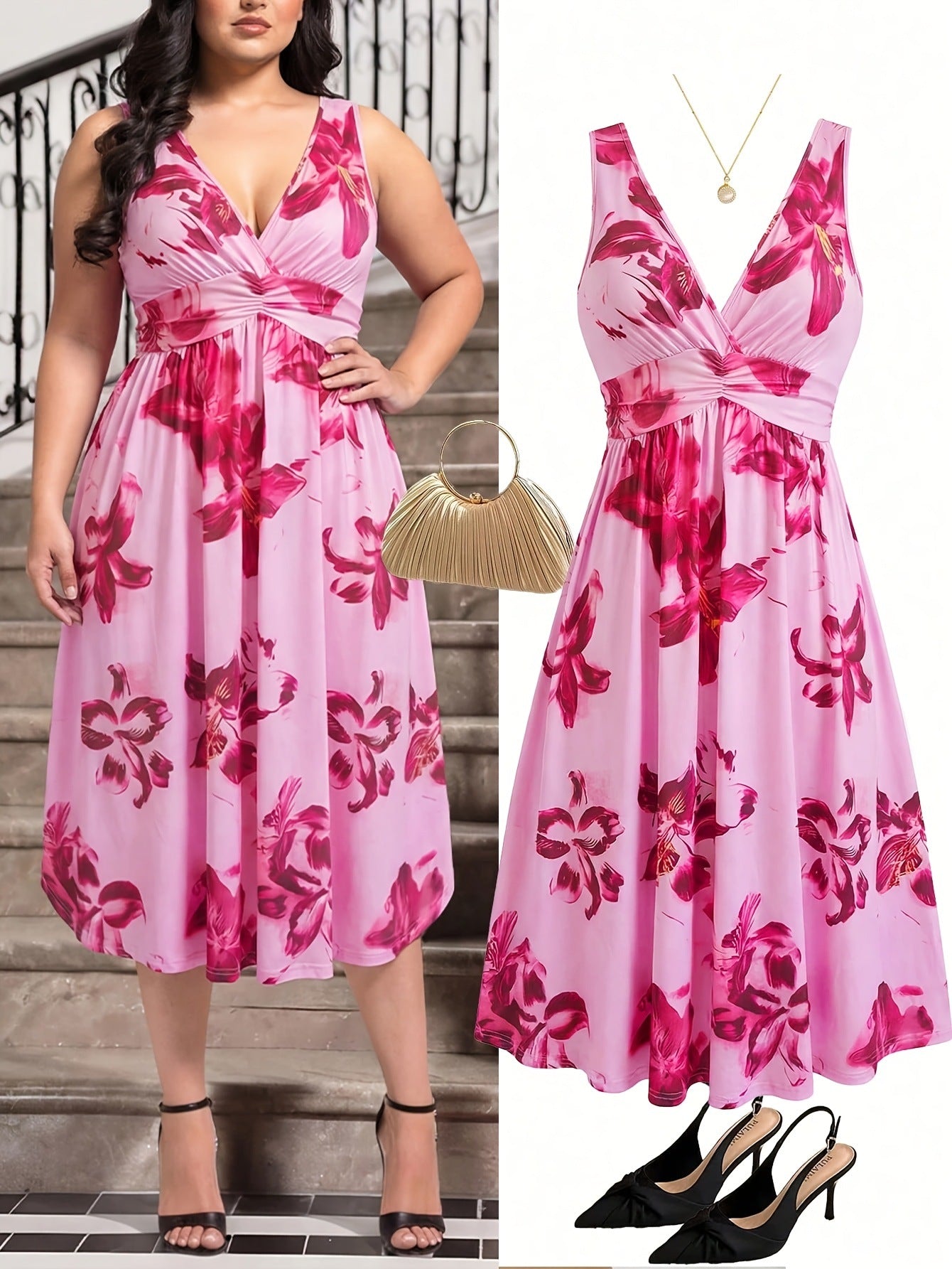 Plus Size Bohemian V-Neck Pleated Dress