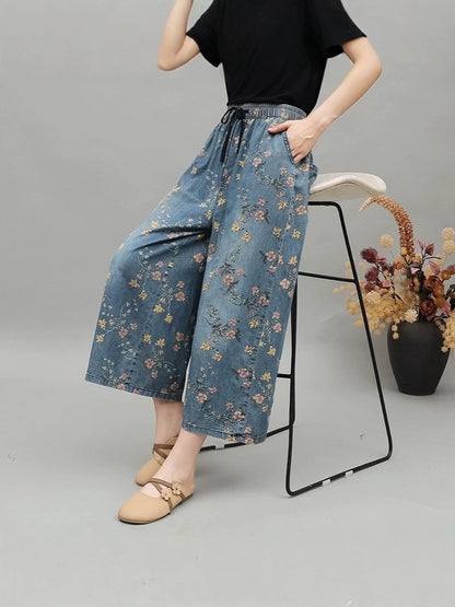 Women’s Printed Wide-Leg Cropped Jeans with Drawstring Waist