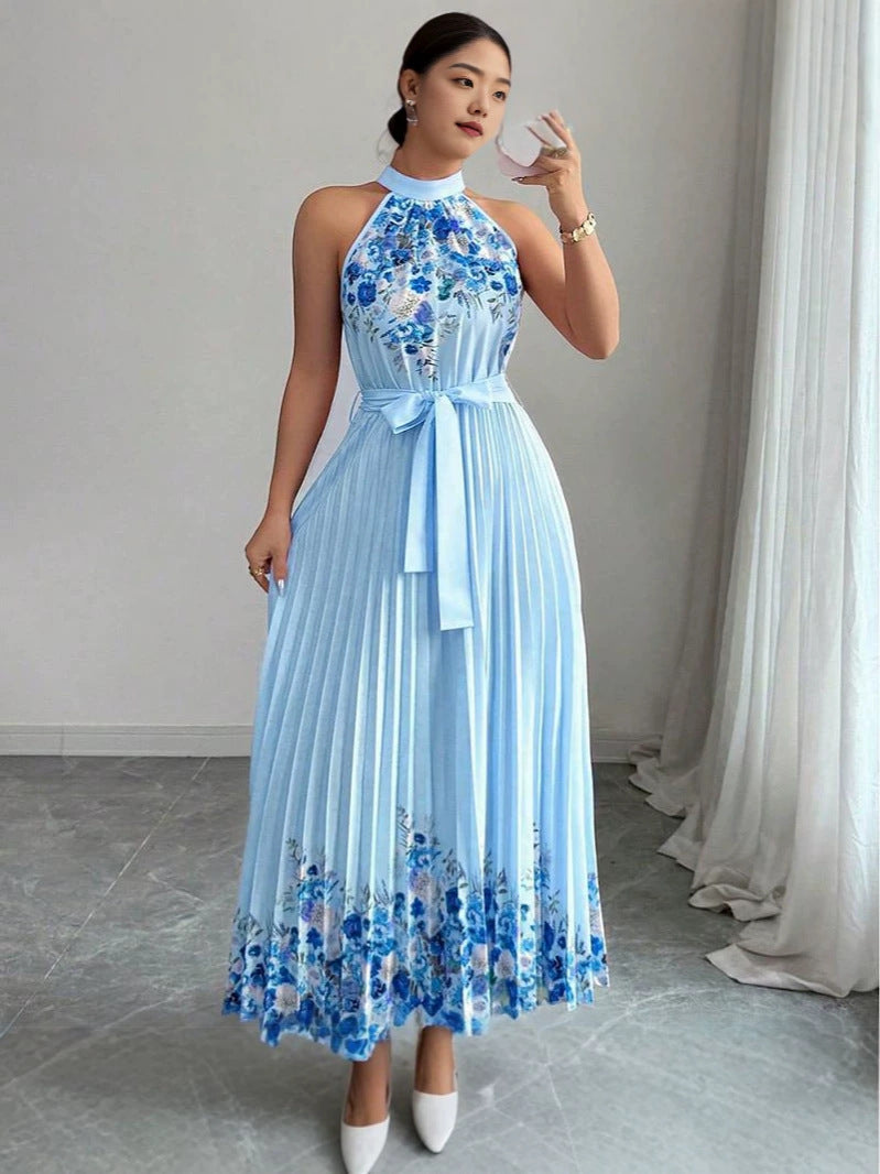Women’s Elegant Floral Halter Pleated Maxi Dress
