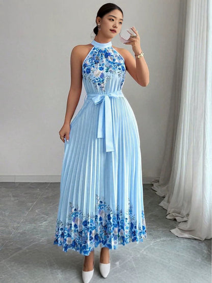 Women’s Elegant Floral Halter Pleated Maxi Dress