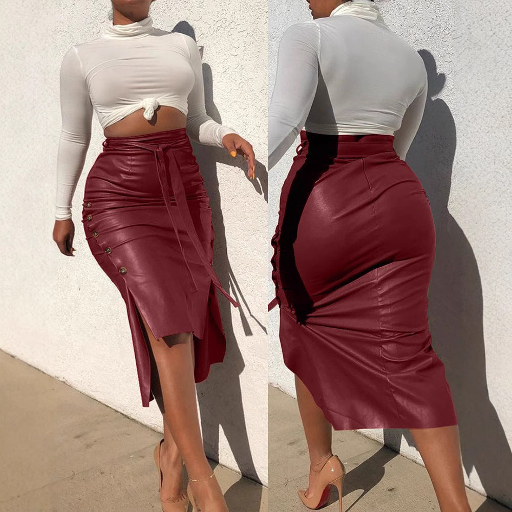 Women’s PU Leather Slit Midi Pencil Skirt