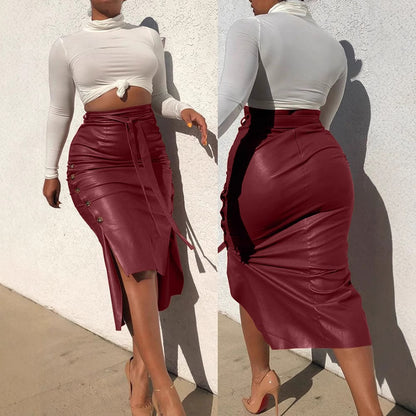 Women’s PU Leather Slit Midi Pencil Skirt