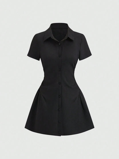 Women’s Puff Sleeve V-Neck Pleated Shirt Dress