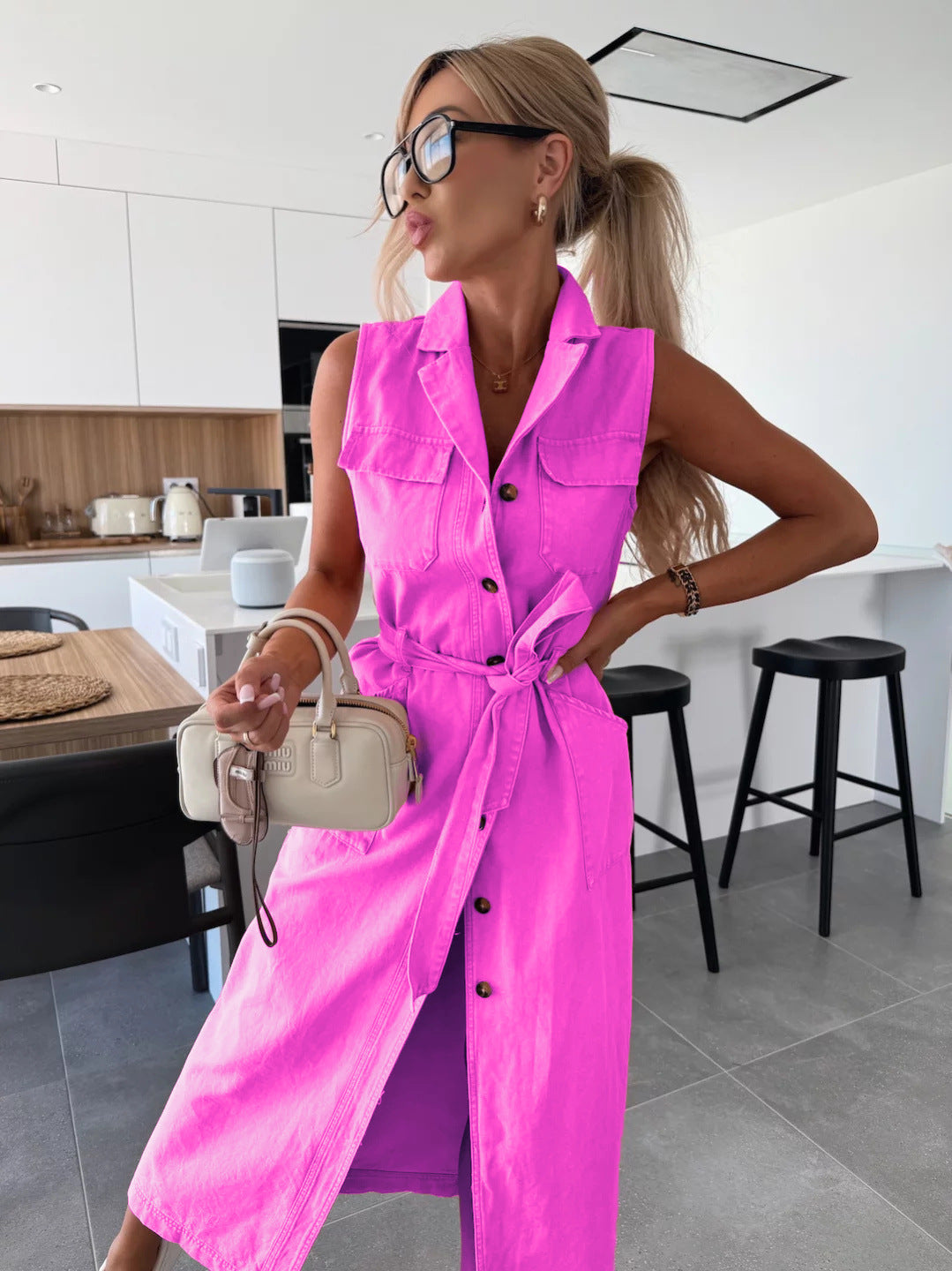 Women’s Sleeveless Lace-Up Waist Denim Dress