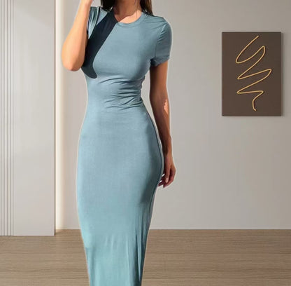 Women’s Solid Color Slim Fit Short Sleeve Midi Dress