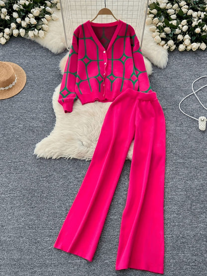 Women’s Jacquard V-Neck Knitted Two-Piece Cardigan Set