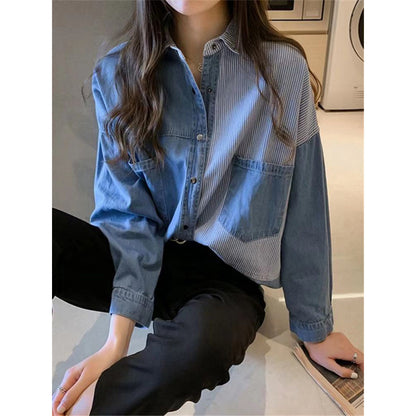 Women’s Striped Patchwork Denim Shirt Jacket