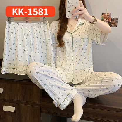 Women’s Korean Style Striped Bow 3-Piece Pajama Set