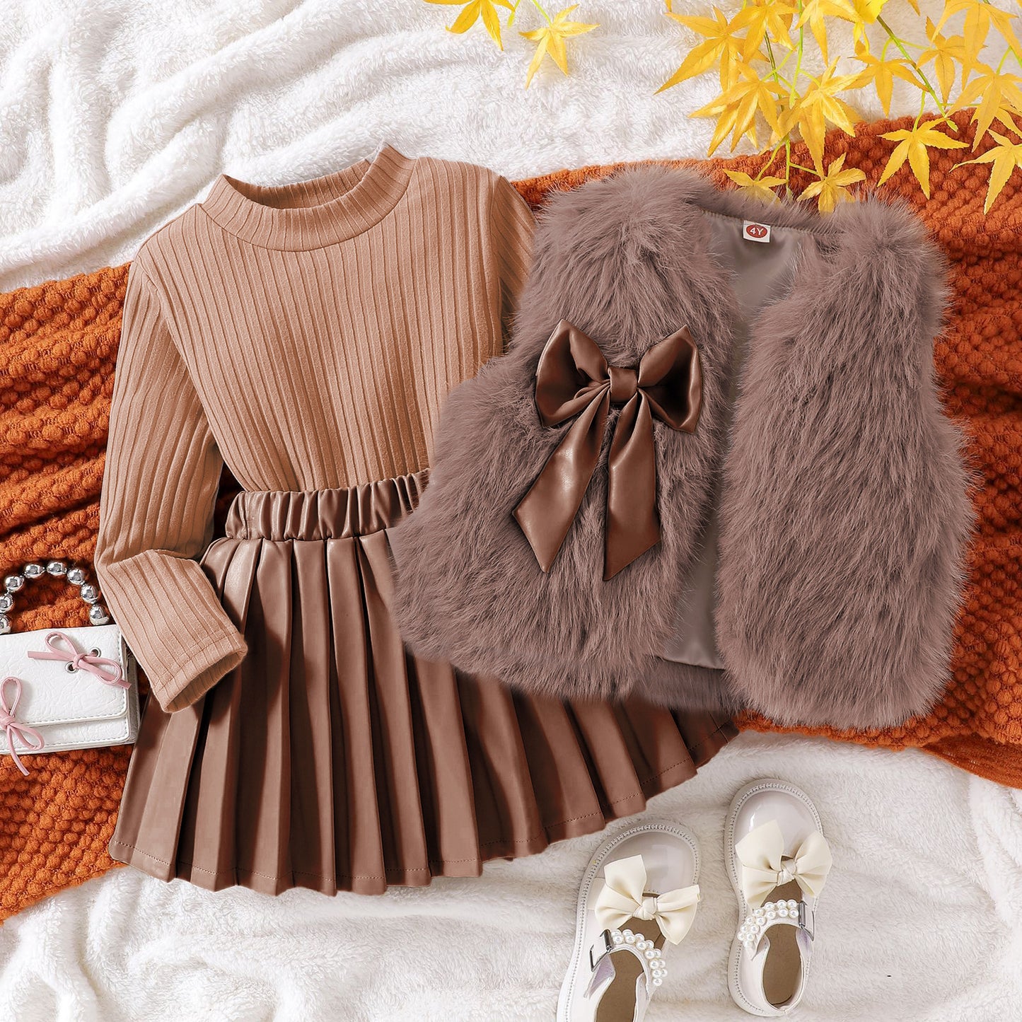 Women’s Plush Jacket, Vest & Pleated Skirt Set