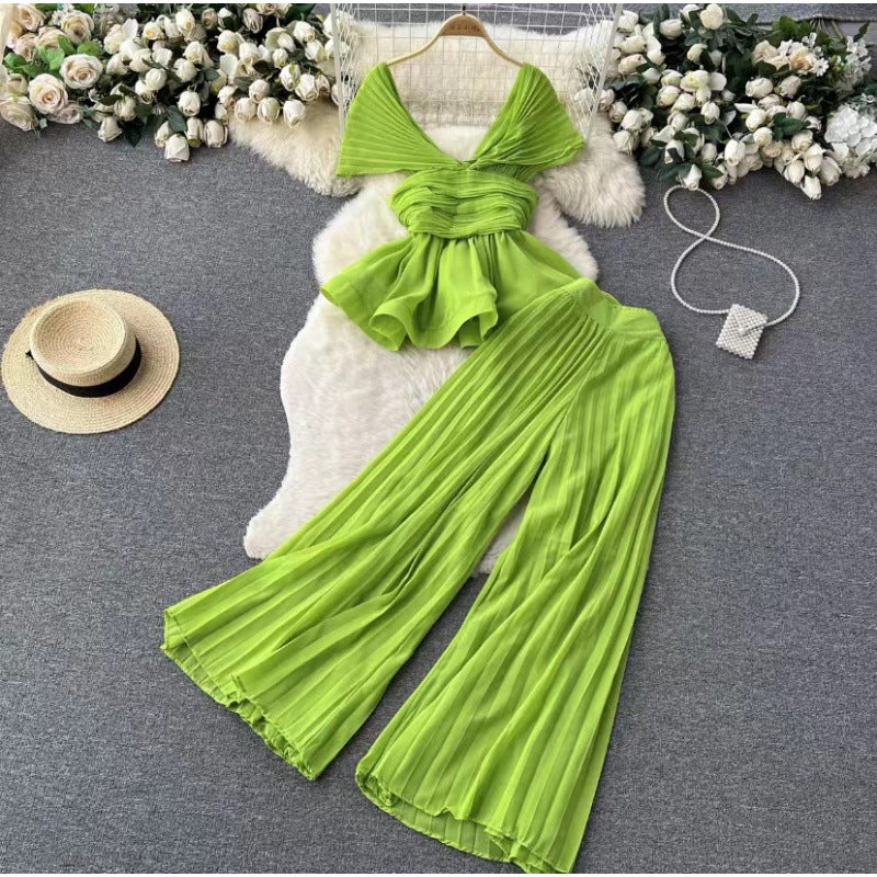 Women’s Pleated Chiffon Top & Wide-Leg Trousers Set