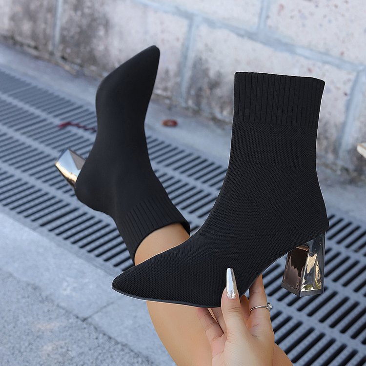 Women’s Pointed-Toe Knit Sock Ankle Boots