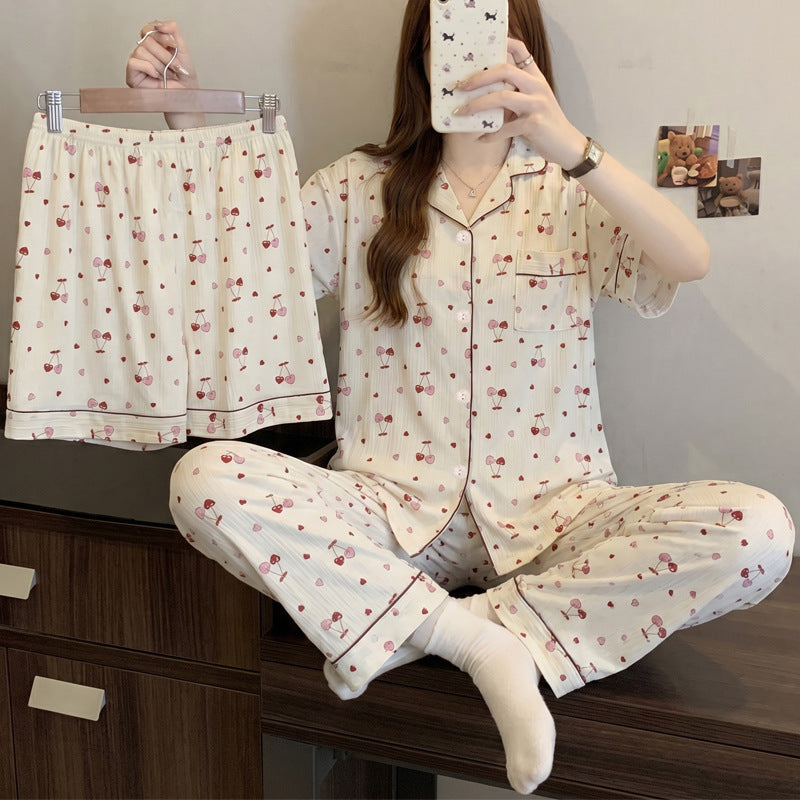 Women’s Korean Style Striped Bow 3-Piece Pajama Set
