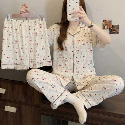 Women’s Korean Style Striped Bow 3-Piece Pajama Set