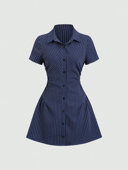 Women’s Puff Sleeve V-Neck Pleated Shirt Dress