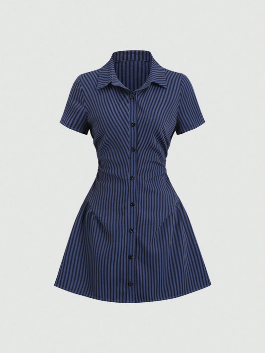 Women’s Puff Sleeve V-Neck Pleated Shirt Dress
