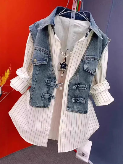 Women’s Striped Denim Patchwork Long Sleeve Shirt