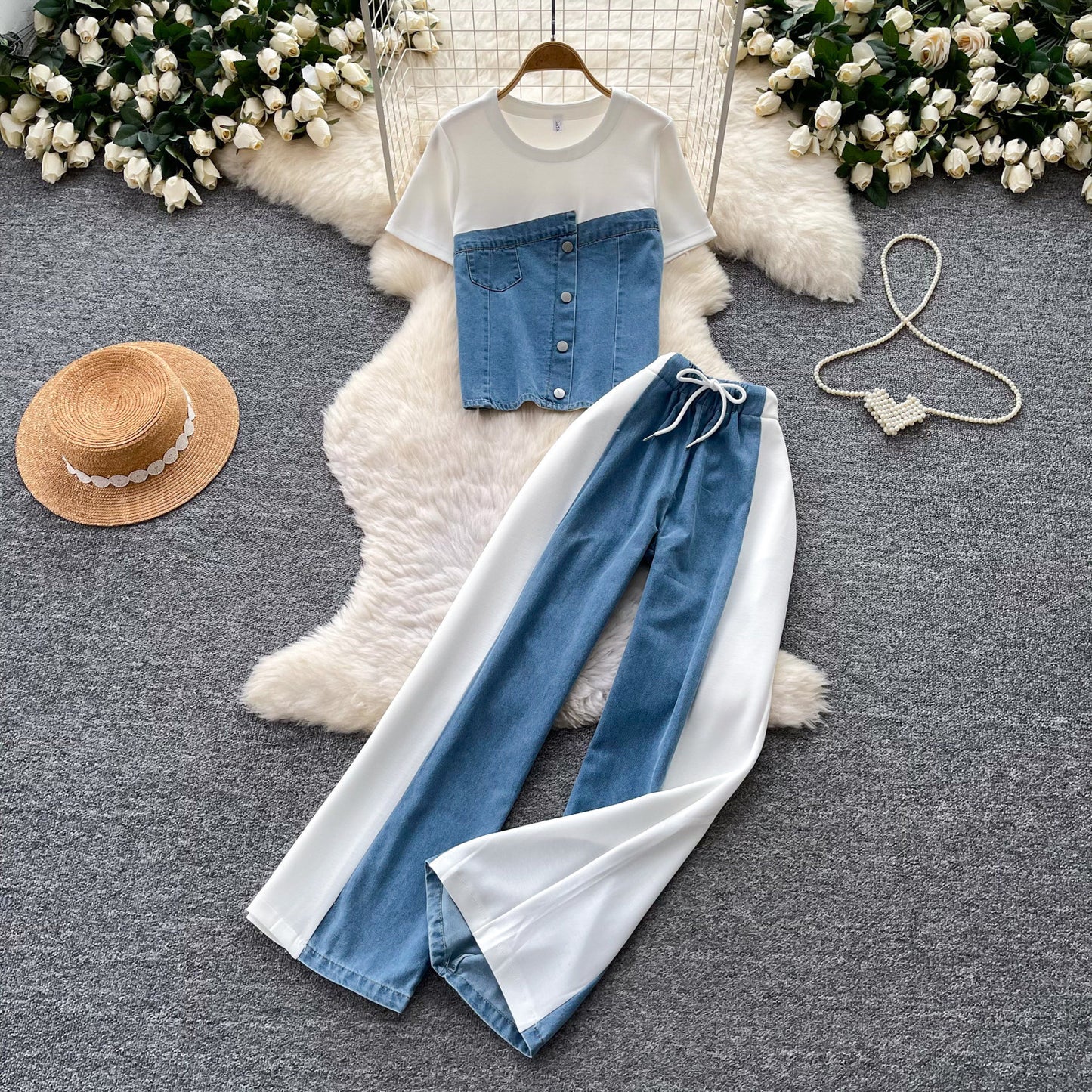 Women’s Retro Denim Two-Piece Wide-Leg Set