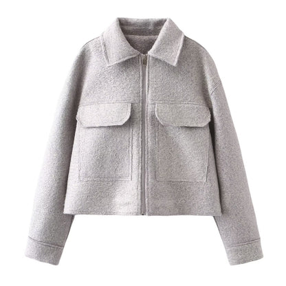 Women’s Woolen Lapel Pocket Jacket