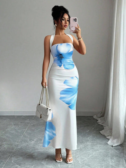 Women’s Halter Neck Backless Printed Maxi Dress