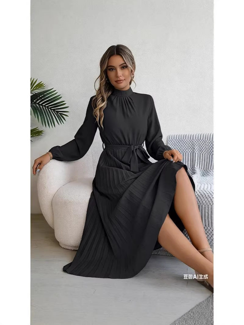 Women’s Elegant Pleated Stand Collar Long Gown