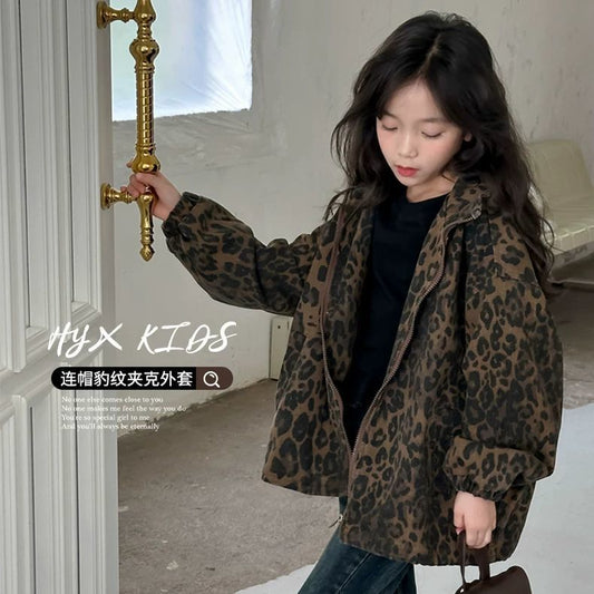 Girls’ Leopard Print Zip-Up Casual Jacket