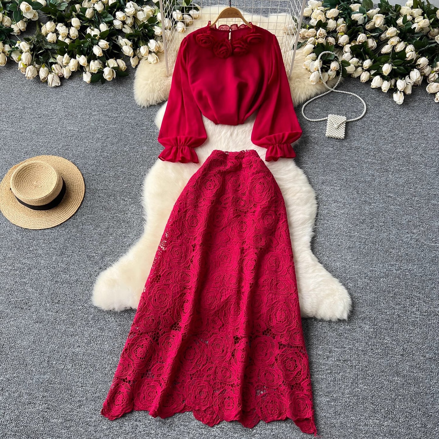 Women’s Floral Blouse & Lace Midi Skirt Set