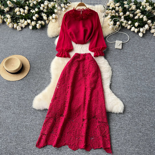 Women’s Floral Blouse & Lace Midi Skirt Set