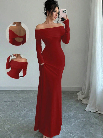 Women’s Off-Shoulder Cross-Back Evening Maxi Dress