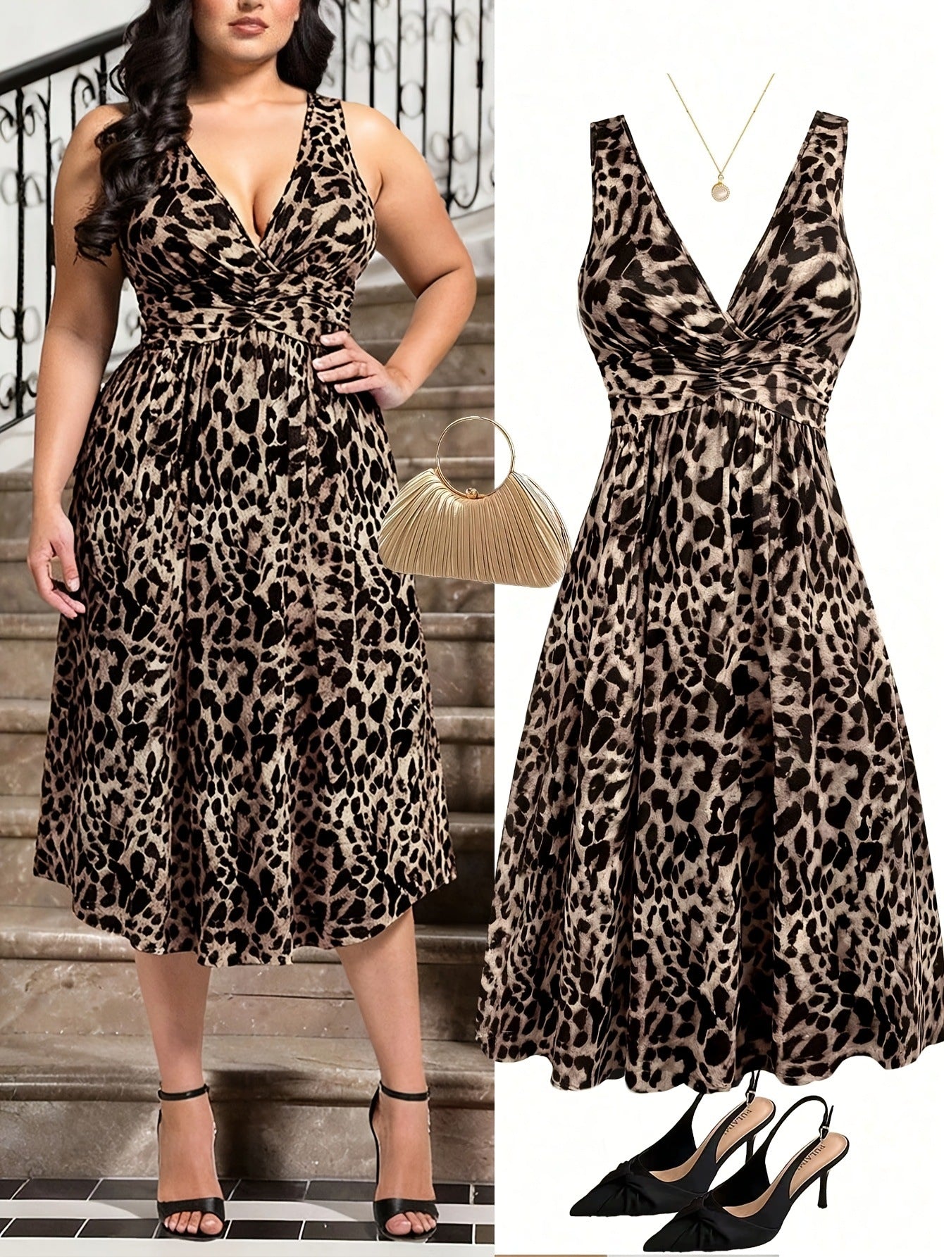 Plus Size Bohemian V-Neck Pleated Dress