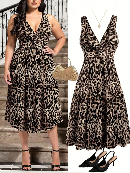 Plus Size Bohemian V-Neck Pleated Dress
