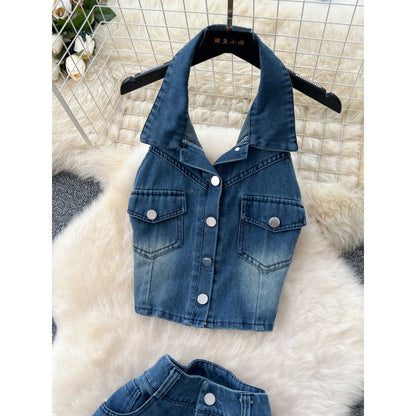 Women’s Vintage Denim Halter Top & Pants Set
