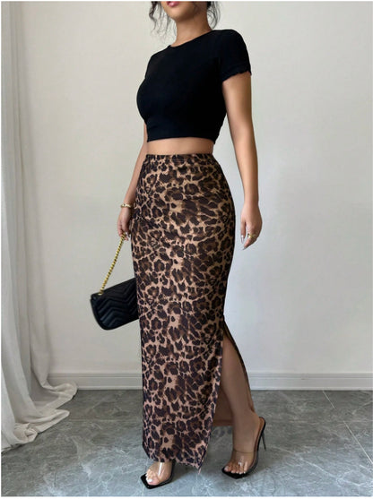 Women’s High-Waist Mesh Slit Midi Skirt