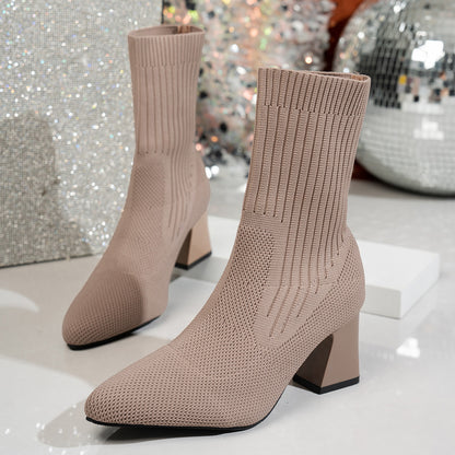 Women’s Pointed-Toe Stretch Knit Block Heel Boots