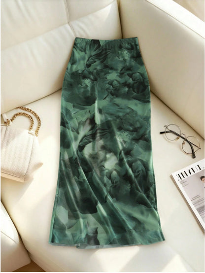 Women’s High-Waist Mesh Slit Midi Skirt